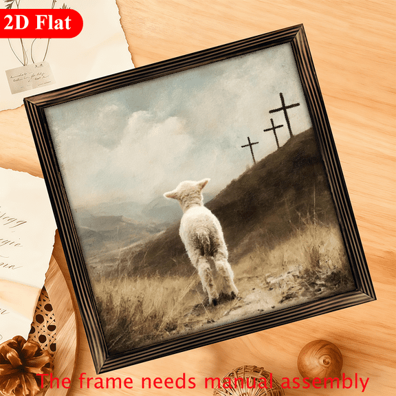 1pc Framed Lamb Three Crosses - Rustic Farmhouse Religious Easter SignHorizontal 12x12 Inch Paintings Suitable for Home Church Cafe Decor