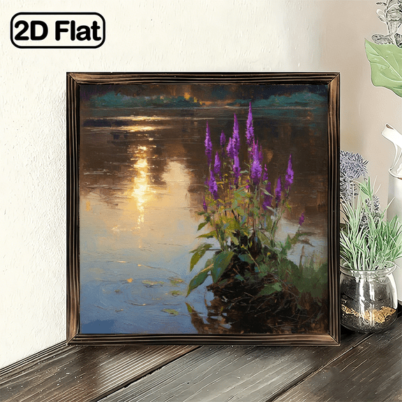 1pc Framed Landscape Wall Art Purple Flowers Sunset Lake View Painting for Living Room Bedroom Office Hallway Decor, 8x8 Inch Decorative Signs & Plaques, Thoughtful Gift for Family Friends