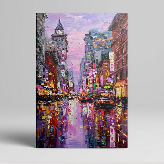 1pc Framed Neon - Lit City Street Canvas Wall Art, depicting a vibrant urban scene with colorful storefronts and a clock - tower under a dreamy purple sky, perfect for Decor room hanging, Wall Pictur