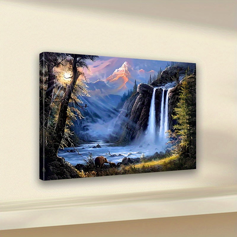1pc Framed Waterfall Landscape Canvas Art Print - Elegant Classic Art Deco Style, Vibrant Ink on Canvas, Horizontal Wall Decor for Living Room, Bedroom, Office - Spring & Autumn Nature Scene,