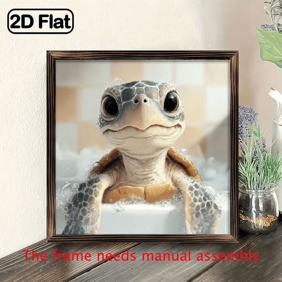 1pc Framed Wood Art Adorable Sea Turtle in Bathtub, Modern Wooden Frame, Serene Watercolor Design, Indoor Wall Decor for Living Room, Bedroom, or Home Office, Turtle Decor, Wall Hanging,