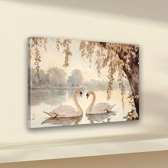 1pc Framed Wooden Canvas Painting - Two Swans on Lake Vintage Watercolor Art, Classic Elegant Wall Decor for Bedroom, Living Room, Bathroom, Kitchen, Home Office, Horizontal Ink on Canvas with Hook