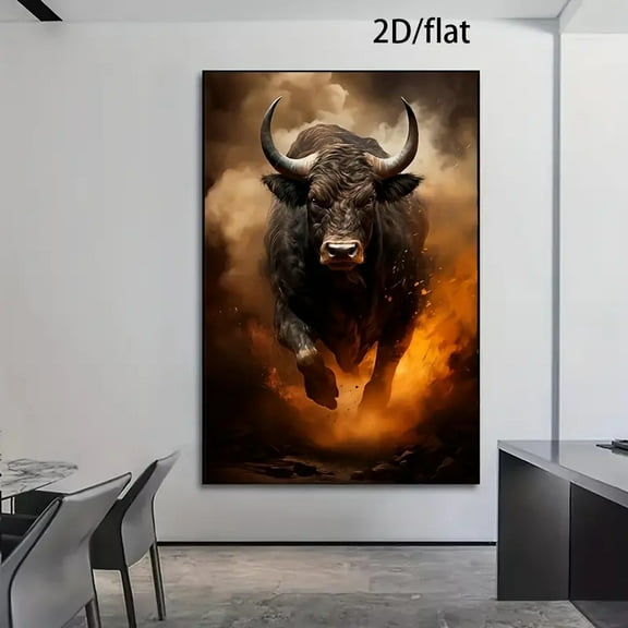 1pc Frameless Modern Black Angry Bull Canvas Art - 2D Flat, Dynamic Flame & Thunder Design, High-Quality Canvas for Living Room, Bedroom, Office Decor - No Frame Included, Bull Decor, 2D Flat