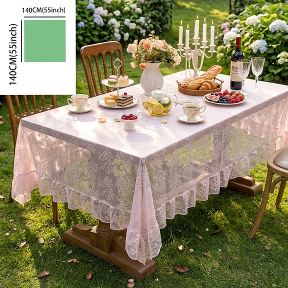 1pc French Vintage Lace Tablecloth Pink & Green Suitable for Dining Table Cover, Rectangular Ruffled Edges Floral Jacquema/Dennkempe Suitable for Picnic, Coffee Table Cloth
