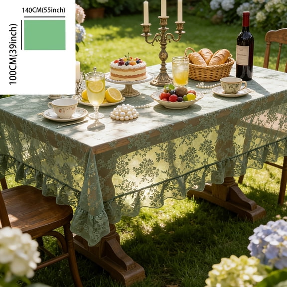 1pc French Vintage Lace Tablecloth Pink & Green Suitable for Dining Table Cover, Rectangular Ruffled Edges Floral Jacquema/Dennkempe Suitable for Picnic, Coffee Table Cloth