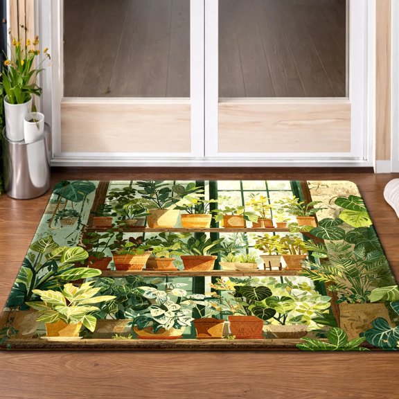 1pc Fresh Green Plant Pot Non-slip Flannel Mat | Durable, Machine-Washable, High Versatility, Suitable for Living Room, Bedroom, Office, Bathroom, Balcony, Corridor, Porch, Kitchen, Entrance