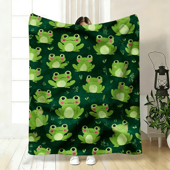 1pc Frog Pattern Green Background Cute Printed Flannel Blanket, Soft, Comfortable, Cozy Fleece, Large Warm, Lightweight Fuzzy Blanket, Birthday Gift 1pc 280GSM, Suitable for All Seasons