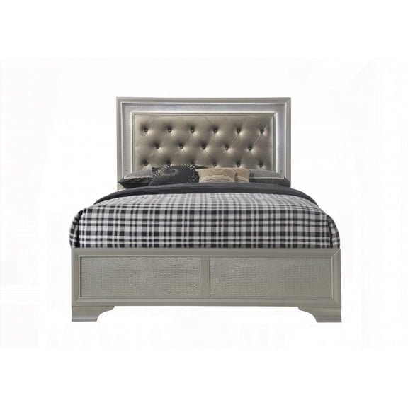 Full Size Bed with Champagne Crocodile Skin Finish, Upholstered Headboard and Beige & White LED Illumination