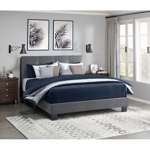 Full Platform Bed in Dark Gray Velvet & Adjustable Height Headboard
