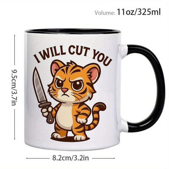 1pc Funny Angry Tiger with Knife Coffee Mug I Will Cut You Design 11oz Ceramic Cup with Pink Interior Handle Dishwasher Funny Kitchenware Animal Lover