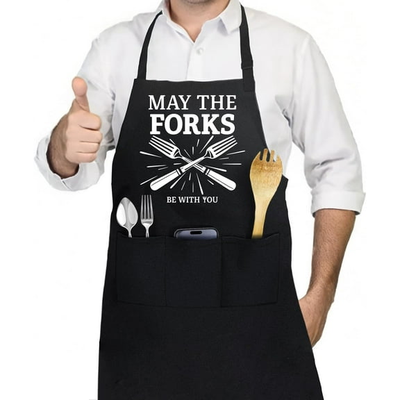 1pc Funny Aprons for Men Grilling Apron for Dad Husband Gifts Polyester Sleeveless BBQ Apron for Household Cleaning Cooking Chef Aprons with Pockets - May The Forks Be With You Black Black