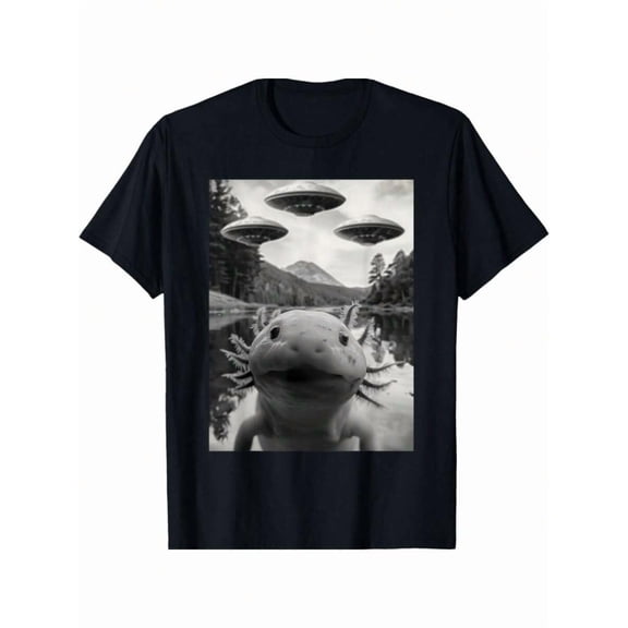 1pc Funny Axolotl Selfie With UFOs Weird Axolotls Amphibian T-Shirt Gifts For Men Boy Family YYQ 180g