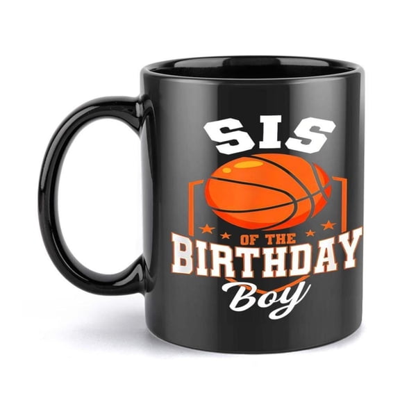 1pc Funny Basketball Ceramic Mug 11oz SIS BIRTHDAY BOY Text Cartoon Design Black Coffee Cup with Orange White Graphics Basketball Fans Birthdays Holidays Holiday Beverage Cup Sport
