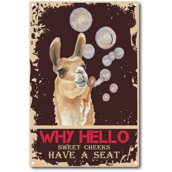 1pc Funny Bathroom Quote Metal Tin Sign Vintage Why Hello Sweet Cheek Alpaca Tin Sign for Bathroom Kitchen