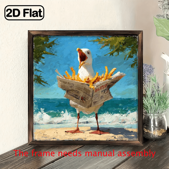 1pc Funny Bohemian Seagull with French Fry 2D Flat Art Wooden Sign, 80x80inch, Framed Ocean Bird Beach Scene Wall Decor for Bathroom, Kitchen, Office - Vintage Farmhouse Style, Ideal Summer Holiday