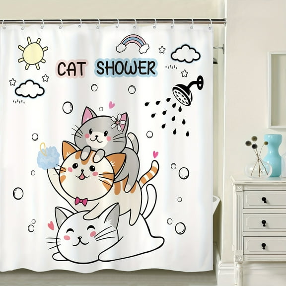 1pc Funny Cat Shower Curtain, Cartoon Kitten Cute Animal Shower Curtain with 12 Hooks And Metal Grommet Holes, Polyester High Quality Fabric Bathroom Bathtub Panel, Bathroom Accessories