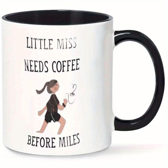 1pc Funny Coffee Mug with Needs Coffee Before Miles Quote Running Girl Design White Cup with Black Handle Hand Wash Only Reusable Runners Humorous Kitchenware Coffee Bar Accessories