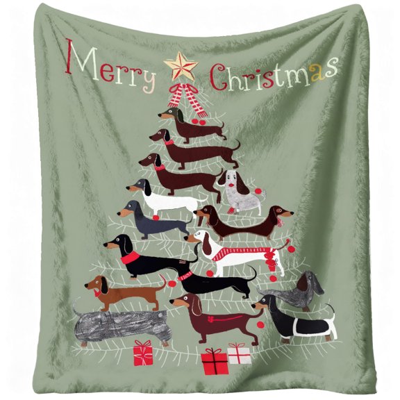 1pc Funny Dachshund Christmas Tree Flannel Blanket - Soft & Warm 280gsm All-Season Cozy Throw with Dachshund Dog Print, Multi-Color Contemporary