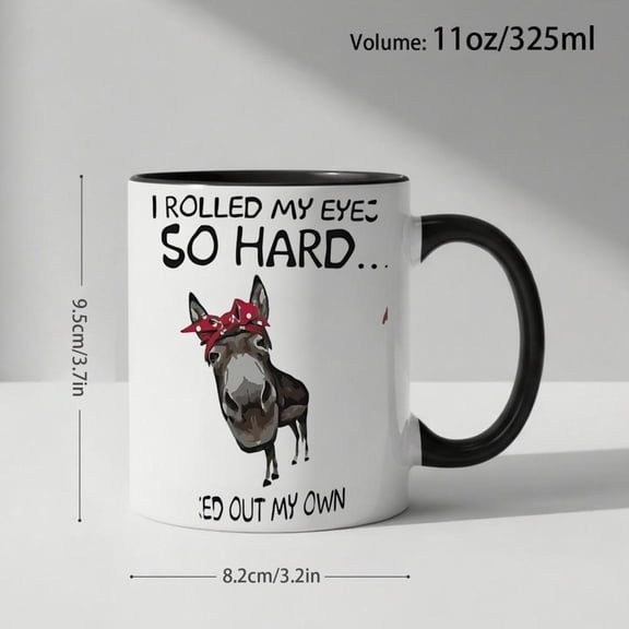 1pc Funny Donkey Coffee Mug with I Rolled My Eye So Hard Red Out My Own Pun Text 11oz White Ceramic Cup with Red Bandana Donkey Design Humorous Coffee
