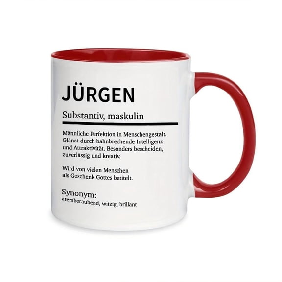 1pc Funny German Name Mug Jrgen Coffee Cup with German Text Phonetic Pronunciation Guide 11oz White Red Rim Ceramic Cup Office Birthday Gifts German Surname Gifts Jrgen Jrgenche
