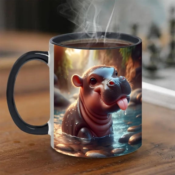 1pc Funny Hippo 11oz Mug with Whimsical Cartoon Design Hand Wash Only Multi Use Coffee Tea Milk Wine Birthday Halloween Christmas Idea Tea Cup Playful Cup Porcelain Cup Novelty Cup Holiday Shoppers