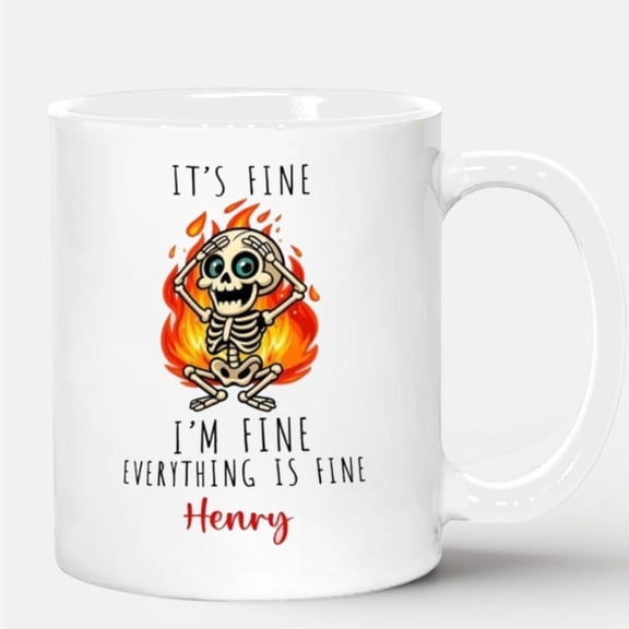 1pc Funny I m Fine Everything Is Fine Skeleton Mug 11oz White Ceramic Coffee Cup with Skeleton Flames Design Custom Name Text Men Women Halloween Chri