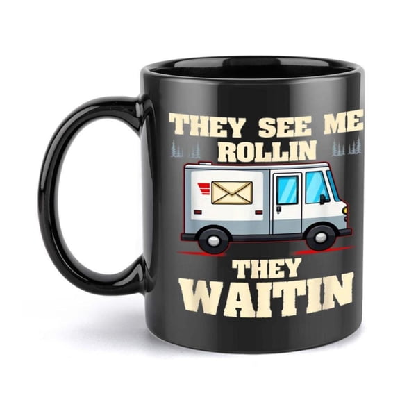 1pc Funny Mailman Mug THEY SEE ME ROLLIN THEY WAITIN Design Black Ceramic Coffee Cup with Handle Hand Wash Only Reusable Multipurpose Kitchen Dining Accessory Coffee Bar Accessorie