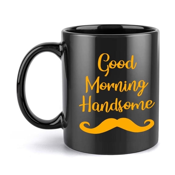 1pc Funny Mustache Mug with Good Morning Handsome Text 11oz Ceramic Coffee Cup with Golden Mustache Design Office Home Parties