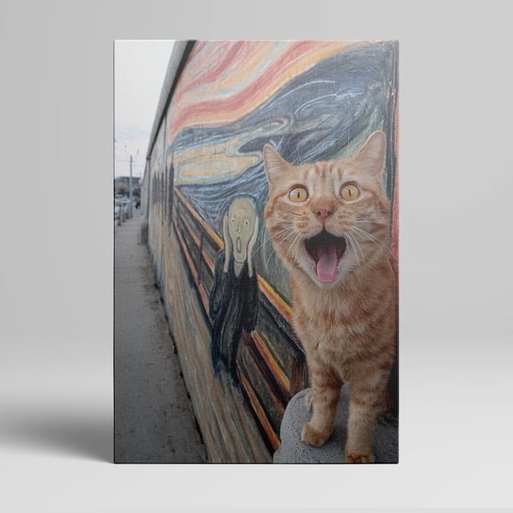 1pc Funny Orange Cat with Surprised Expression in Front of "The Scream" - inspired Mural Framed Decor room hanging Wall Picture Decor for Home Gifts, living room, bathroom, bedroom, kitchen wall art