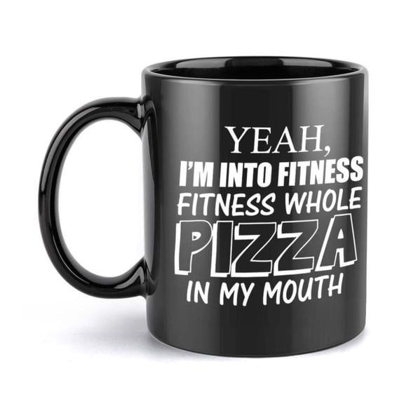 1pc Funny Pizza Lover Mug Yeah I m Into Fitness Whole Pizza in My Mouth Black Coffee Cup with Pizza Design 11oz Ceramic Cup Gym Pizza Parties Gifts Funny Fitness Food Humor Hand Wa