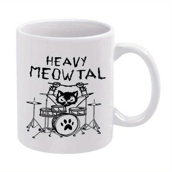 1pc Funny Playing Drums Mug Heavy Meowtal Coffee Cup with Paw Prints 11oz Ceramic Cup Lovers Musicians Birthday Wedding Office Hand Wash Only Heavy Metal Music Fans Accessories Humorous Design