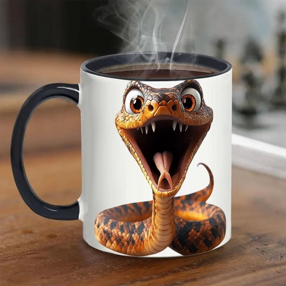 1pc Funny Snake Design Ceramic Coffee Mug 11oz Novelty Animal Print Cup with Black Handles Rim Surprised Snake Expression with Open Mouth Coffee Milk