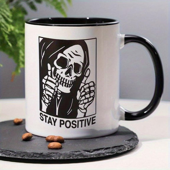 1pc Funny Stay Positive Skeleton Mug White Ceramic Coffee Cup with Skull Stay Positive Message Dishwasher Gothic Adults Coworkers Halloween Year Round Use Smiling Spooky Bone Desig