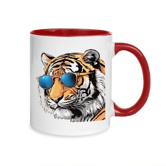 1pc Funny Tiger Face Mug with Fashion Glasses 11oz White Ceramic Coffee Cup with Red Handle Tiger Stripes Design Ideal Birthday Wedding Office Men Women Stylish Tiger Themed Cup Te