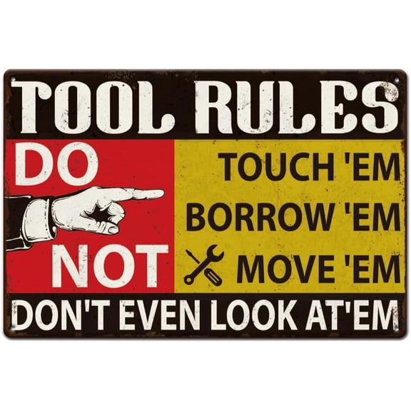 1pc Funny Tool Rules Don't Garage Decor 11.81x7.87 Inches Metal Tin Garage Sign Vintage Wall Art Decorations with 4 Pre-Drilled Holes for Bar Home Garage Wall Decor
