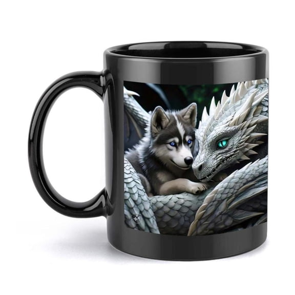 1pc Funny Wolf Mug Fantasy Coffee Cup with Siberian Husky like Wolf Black Interior Visibility Ideal Birthday Christmas Wedding Office Fantasy Fans Durable Ceramic Cup 11oz