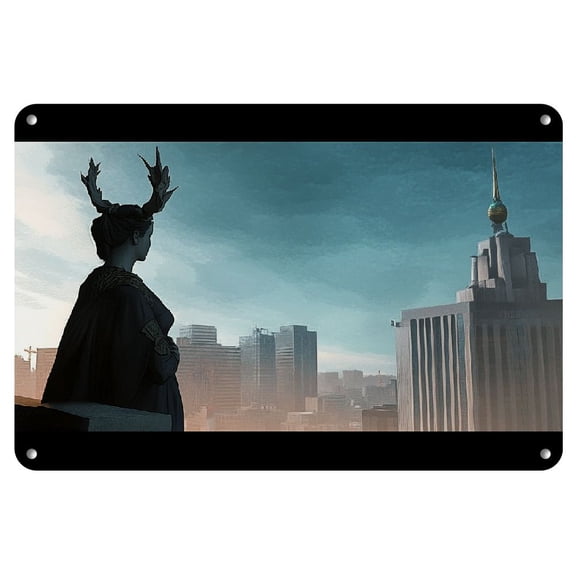 1pc Futuristic Cityscape Iron Art Print, 8x12 Inch - Frameless Comic-Inspired Painting with Neon Signs & Antlered Statue, Ideal for Modern Home Decor, 2D, Perfect for Room Decor
