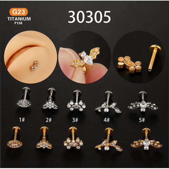 1pc G23 Titanium Micro Pave Clear Cubic Zirconia Labrets Leaf Golden 8mm Pin: 1.2mm