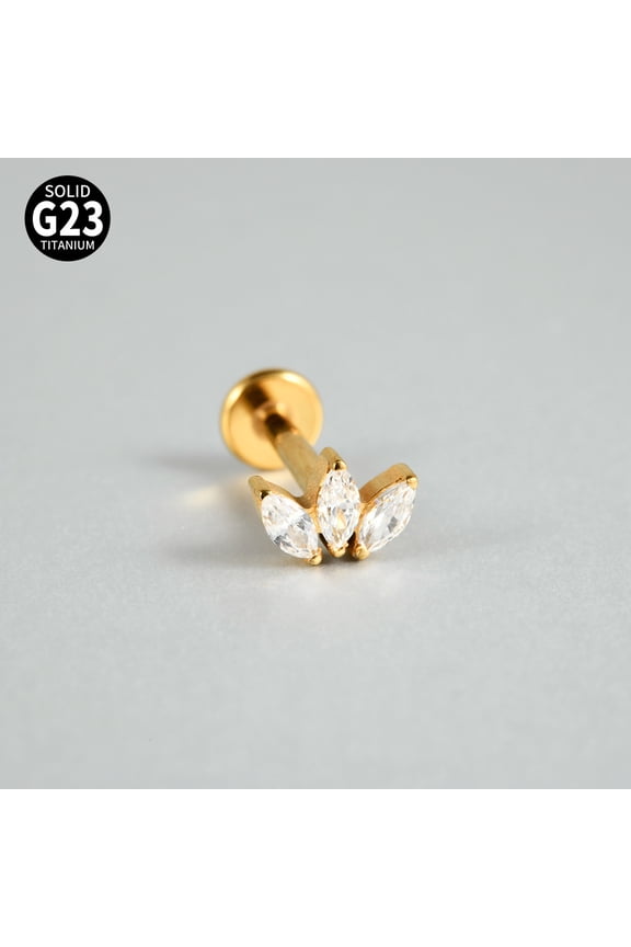 1pc G23 Titanium Micro Pave Cubic Zirconia Cartilage Earrings Internally Threaded Labrets Stud Tragus Stud Flat Back Earring Leaf Golden 8mm for DIY