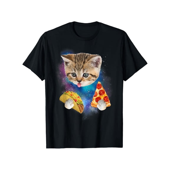 1pc Galaxy Cat Eating Pizza & Taco Printed T-Shirt, 100% Cotton, Crew Neck, Short Sleeve, Slight Stretch, All-Season, Regular Fit, Knit Fabric, 180gsm, Men'S Casual Tee, S-XXXL, Black