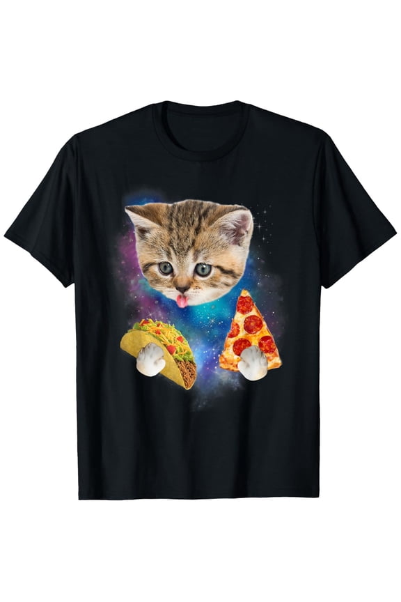 1pc Galaxy Cat Eating Pizza & Taco Printed T-Shirt, 100% Cotton, Crew Neck, Short Sleeve, Slight Stretch, All-Season, Regular Fit, Knit Fabric, 180gsm, Men'S Casual Tee, S-XXXL, Black