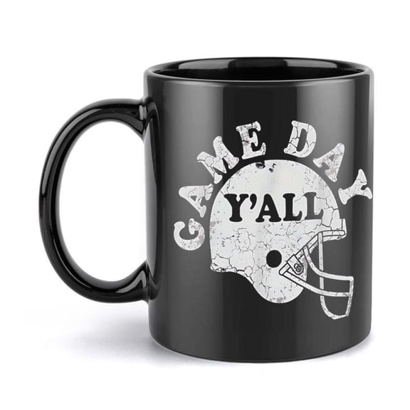 1pc Game Day Y all Helmet Design Ceramic Coffee Mug 11oz Black with White Text Fan Durable Ceramic Cup Hot Beverages Tailgating Sports Parties