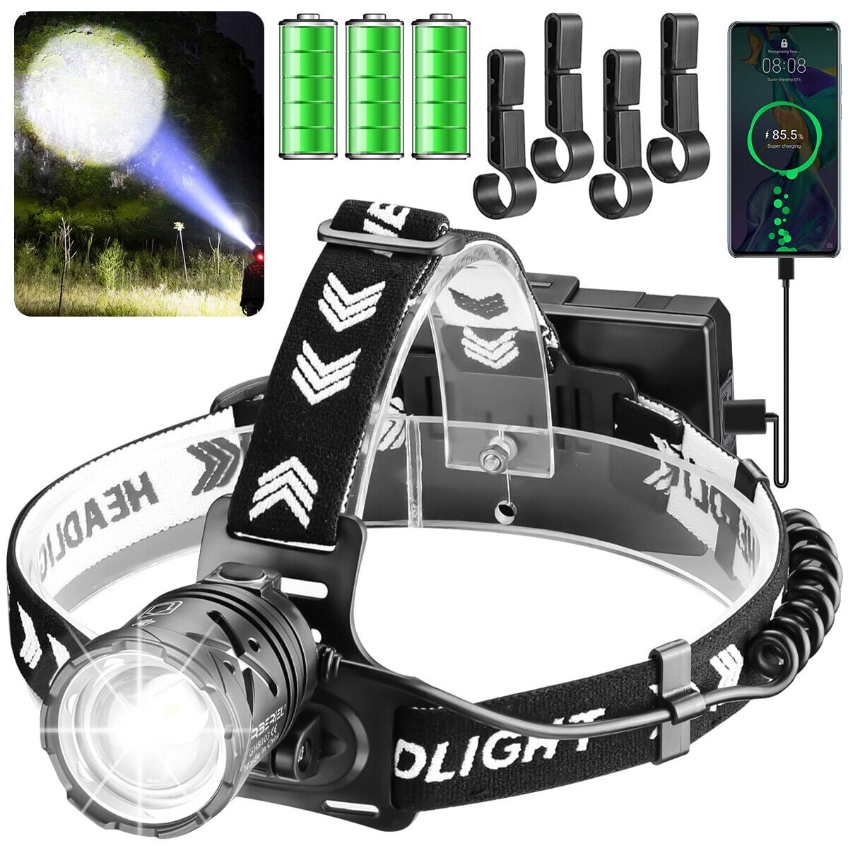 1pc Garberiel 30W High Lumens Rechargeable Headlamp,Super Bright LED Headlamp with Power Output Function, 3Modes LED Headlight for Hiking, Camping, Fishing (Included Battery)