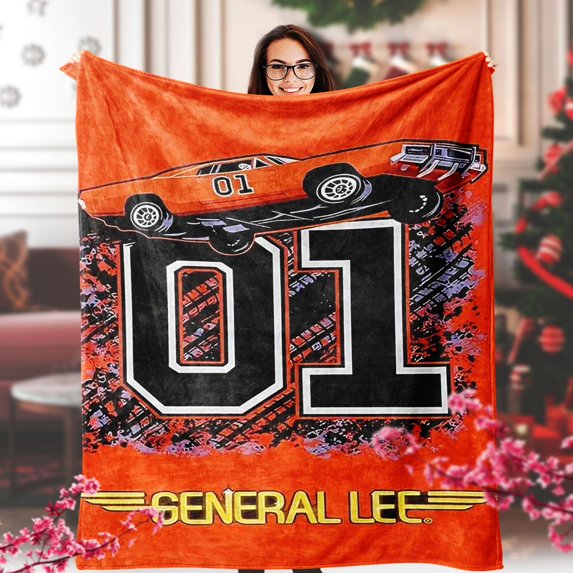1pc General Lee Vintage Racing Flannel Throw Blanket - All-Season Multipurpose Polyester Knit Fabric, Tear-Resistant, Sanded Finish