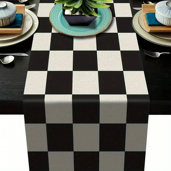 1pc Geometric Stripe Linen Table Runner, Modern Simple Black AndWhite Plaid Classic Vintage Table Cloth, Home Decoration