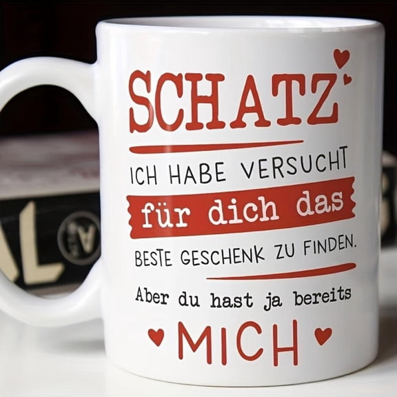 1pc German Love Ceramic Mug 11oz Coffee Cup with Red White Romantic Text Handwritten Style Font Heart Accents Anniversary Birthday Valentine S Couples Husband or Wife Hand Wash Only