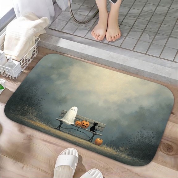 1pc Ghost Cat and Pumpkins Absorbent Non-Slip Bathroom Thickened Flannel Rug Decor,Soft,Quick Drying,Suitable For Indoor/outdoor Use,Bathrooms,Bedrooms,Kitchens,Terrace,Laundry Rooms,16"x24"