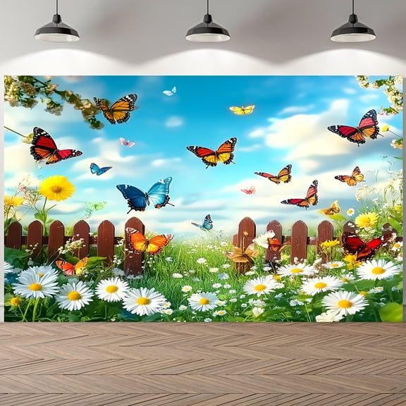 1pc, Giant Spring Themed Blue Sky White Clouds Colorful Flowers Butterfly Garden Holiday Decorations Polyester, No Power Required, with Holes for Party, Gift, Photo, Video and Home Display