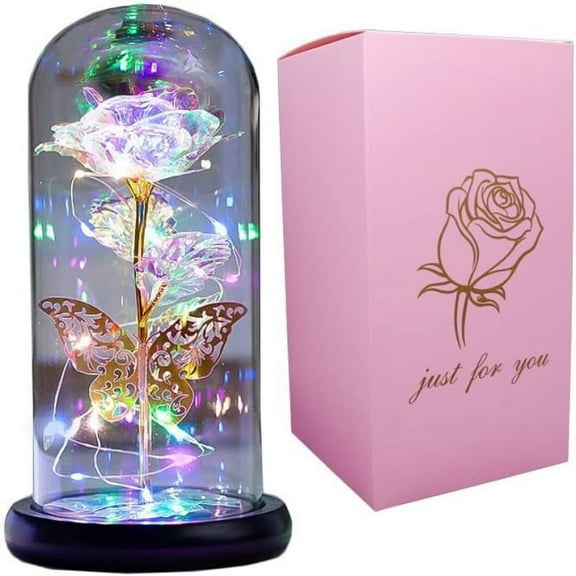 1pc with Gift Box Artificial Rose Flower Birthday Gift for Women/Mom/Girls, Women's Gift Birthday Gifts Colorful LED Preserved Rose Gift Flower in Glass Dome, Unique Gift for Her, Mom, Grandma