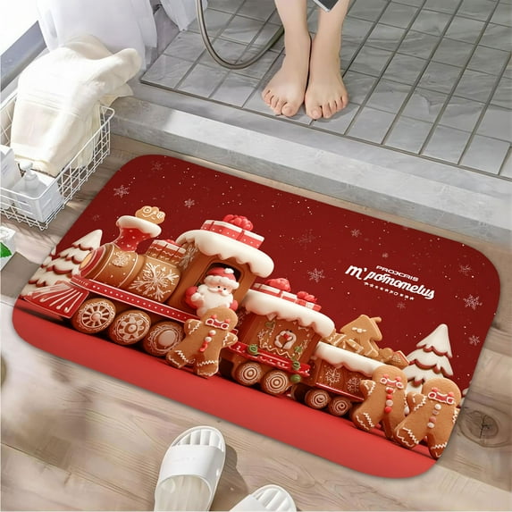 1pc Gingerbread Christmas Train Absorbent Non-Slip Bathroom Thickened Flannel Rug Decor,Soft,Quick Drying,Suitable For Indoor/outdoor Use,Bathrooms,Bedrooms,Kitchens,Terrace,Laundry Rooms,16"x24"